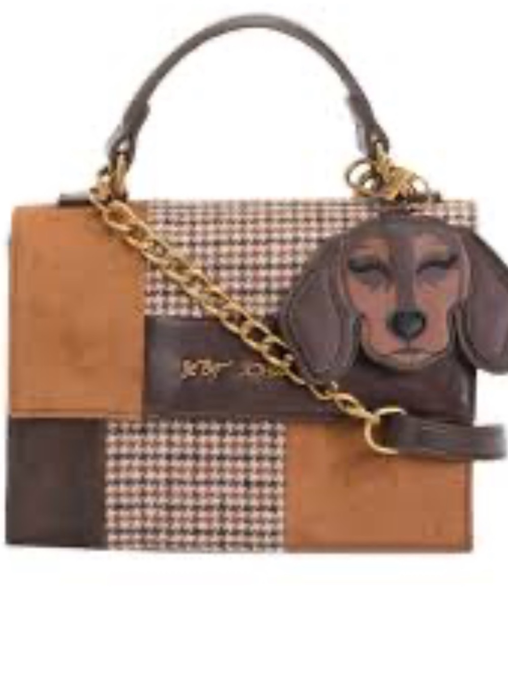 NWT Betsey Johnson Brown Houndstooth Dog Face Satchel